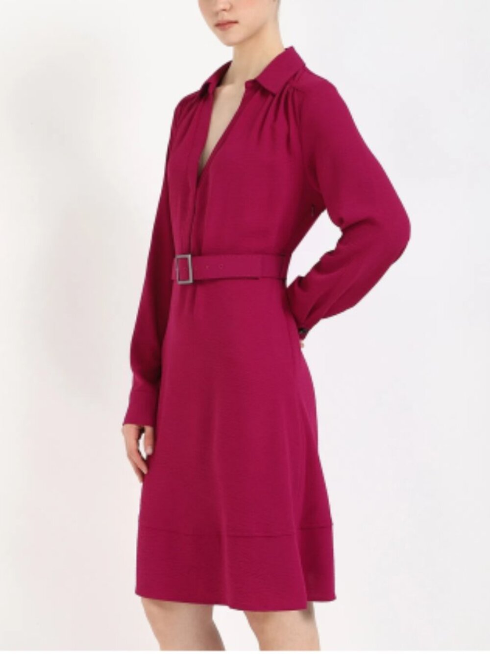 NWT Calvin Klein Boysenberry Magenta Long Sleeve Belted A-Line Dress Size 6